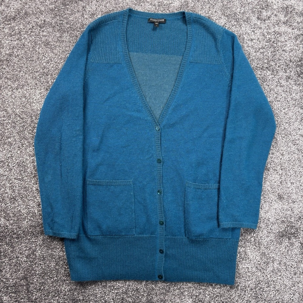 Eileen Fisher Cardigan Sweater Womens Petite Large Blue 100% Cashmere Knit